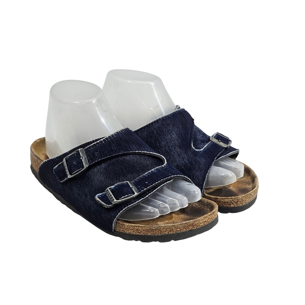 Birkenstock Zurich Sandals Womens 38 Navy Blue Calf Hair Leather Buckle Slide